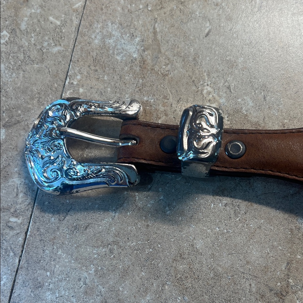 Ladies Western Belt - Justin Boots Cowgirl Dark Brown Ornate Silver Buckle